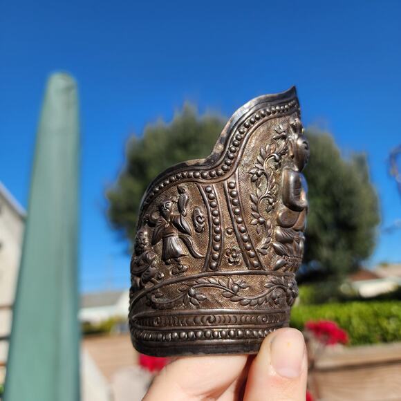 Antique Chinese Export Bracelet Sterling Silver Buddha Ornate Repousse Cuff RARE - Picture 13 of 16